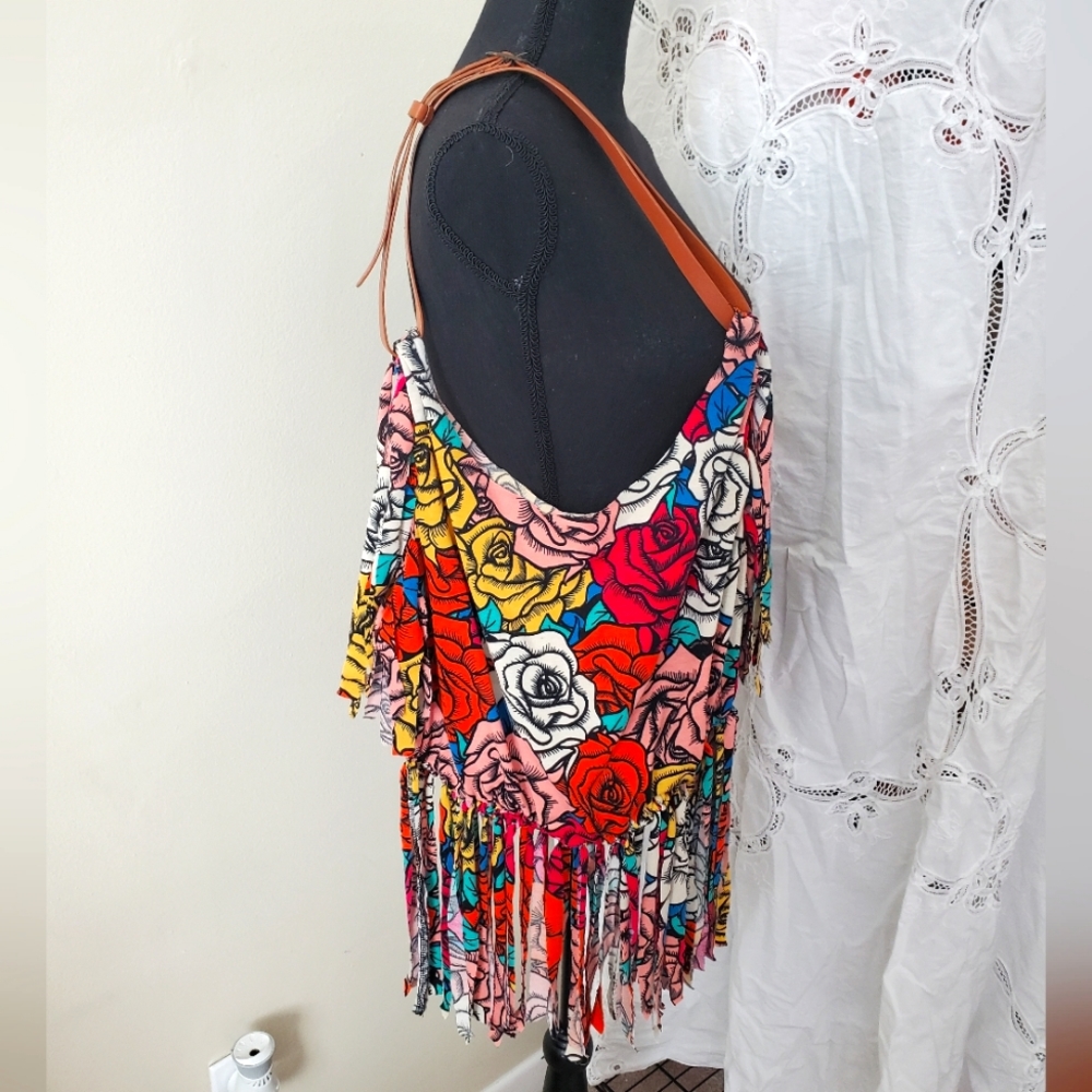🙏 HAND CRAFTED upcycled t shirt bag roses fringe boho